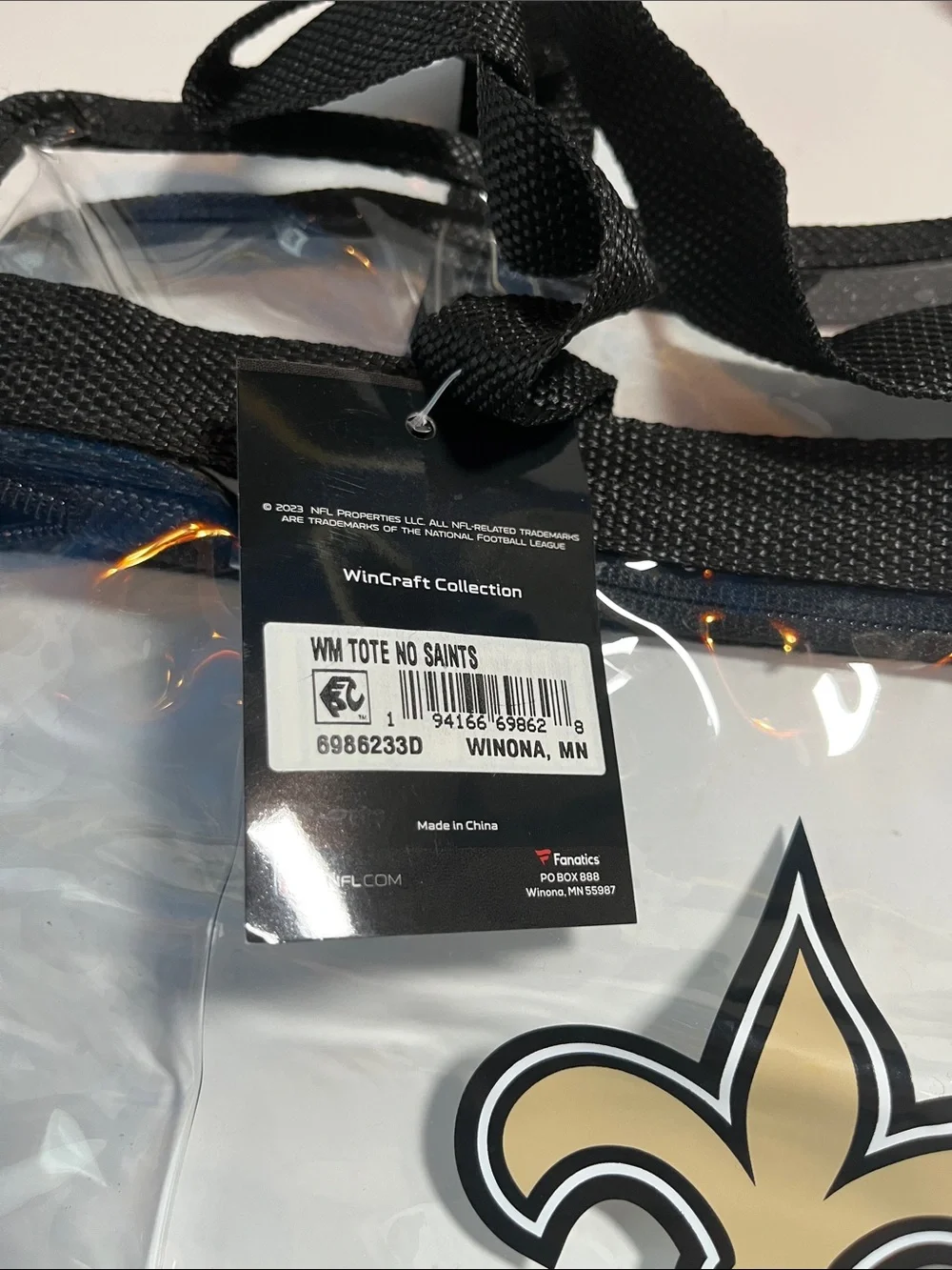 NFL Clear Tote Bag New Orleans Saints with Black Trim NWT